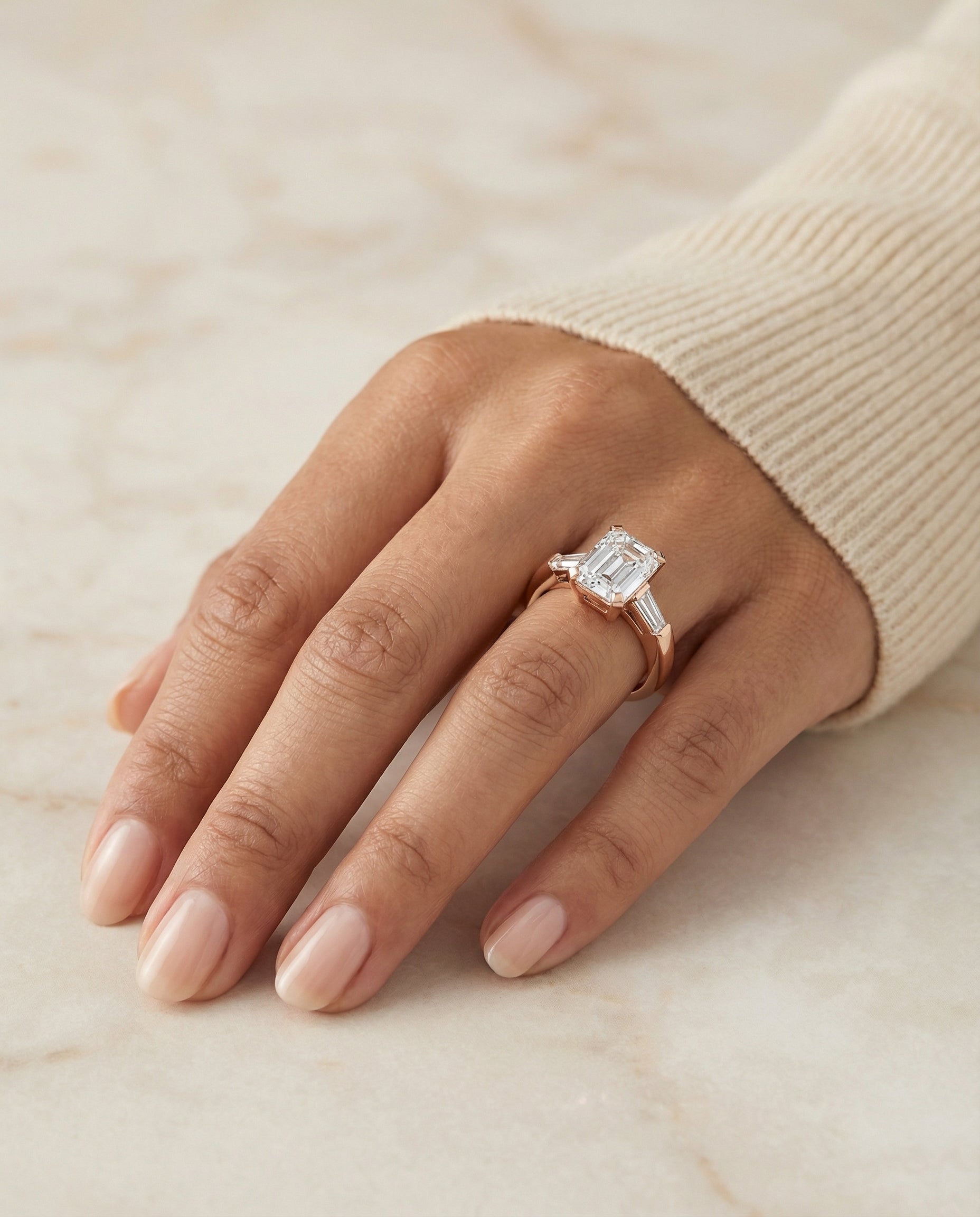The Caroline engagement ring setting in 14K Rose Gold, three stone cut design | RockHer