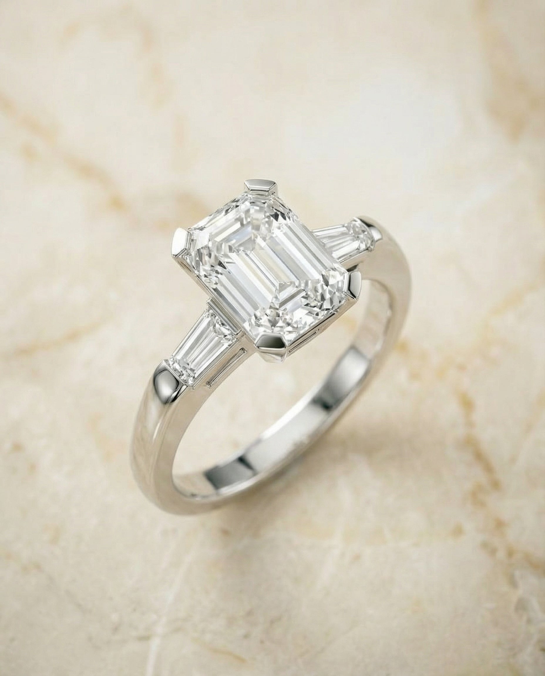 The Caroline three stone cut engagement ring setting, shown in Platinum | RockHer