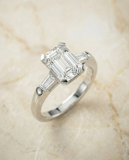 Caroline Select Three Stone Ec Emerald Cut Lab Diamond Engagement Ring in Platinum, alternate angle | RockHer