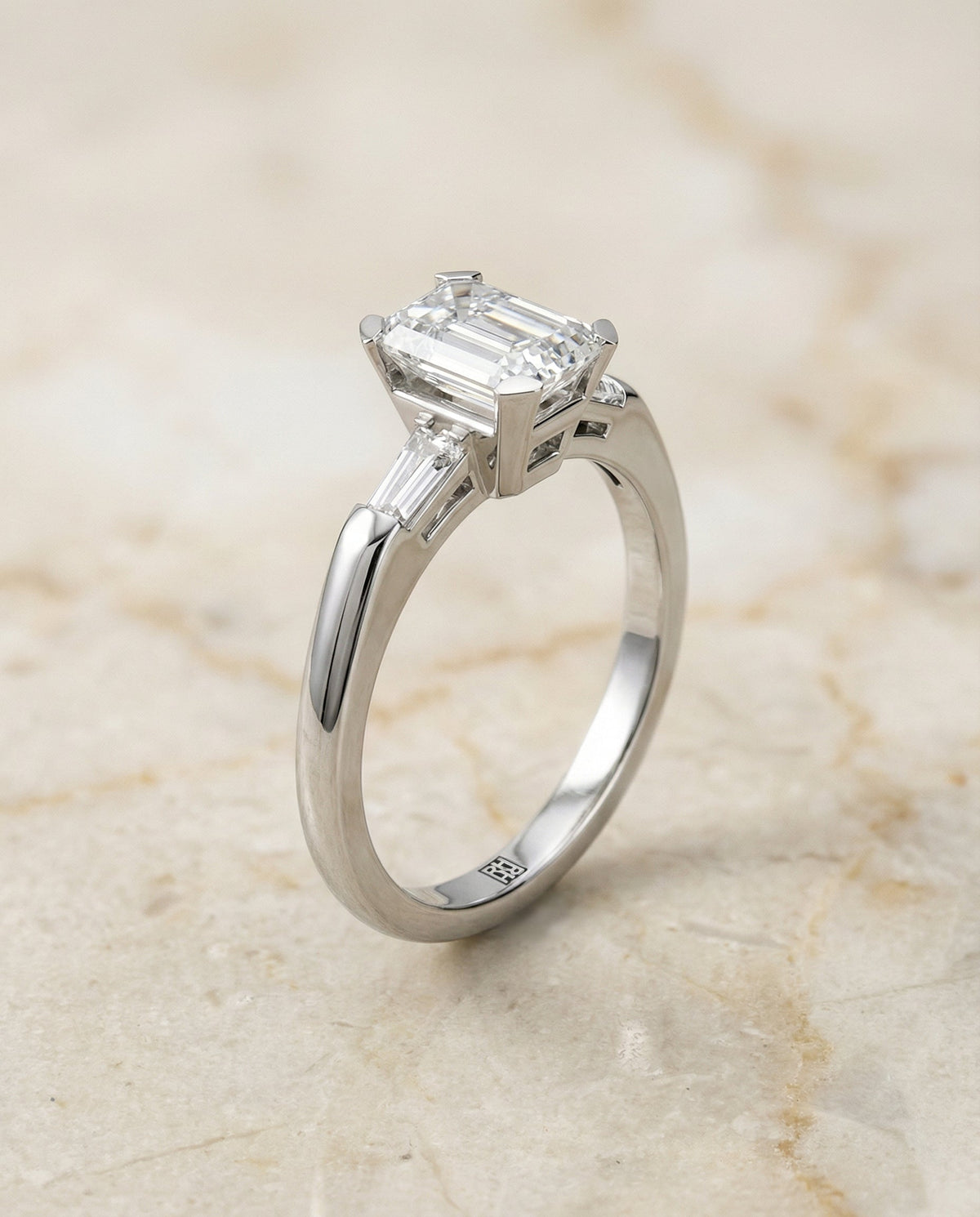Caroline Select Three Stone Emerald Cut Lab Diamond Engagement Ring in Platinum, front view | RockHer