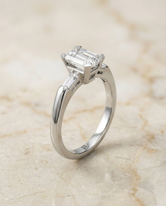 Tapered Baguette Three Stone Emerald Cut Engagement Ring Setting in Platinum