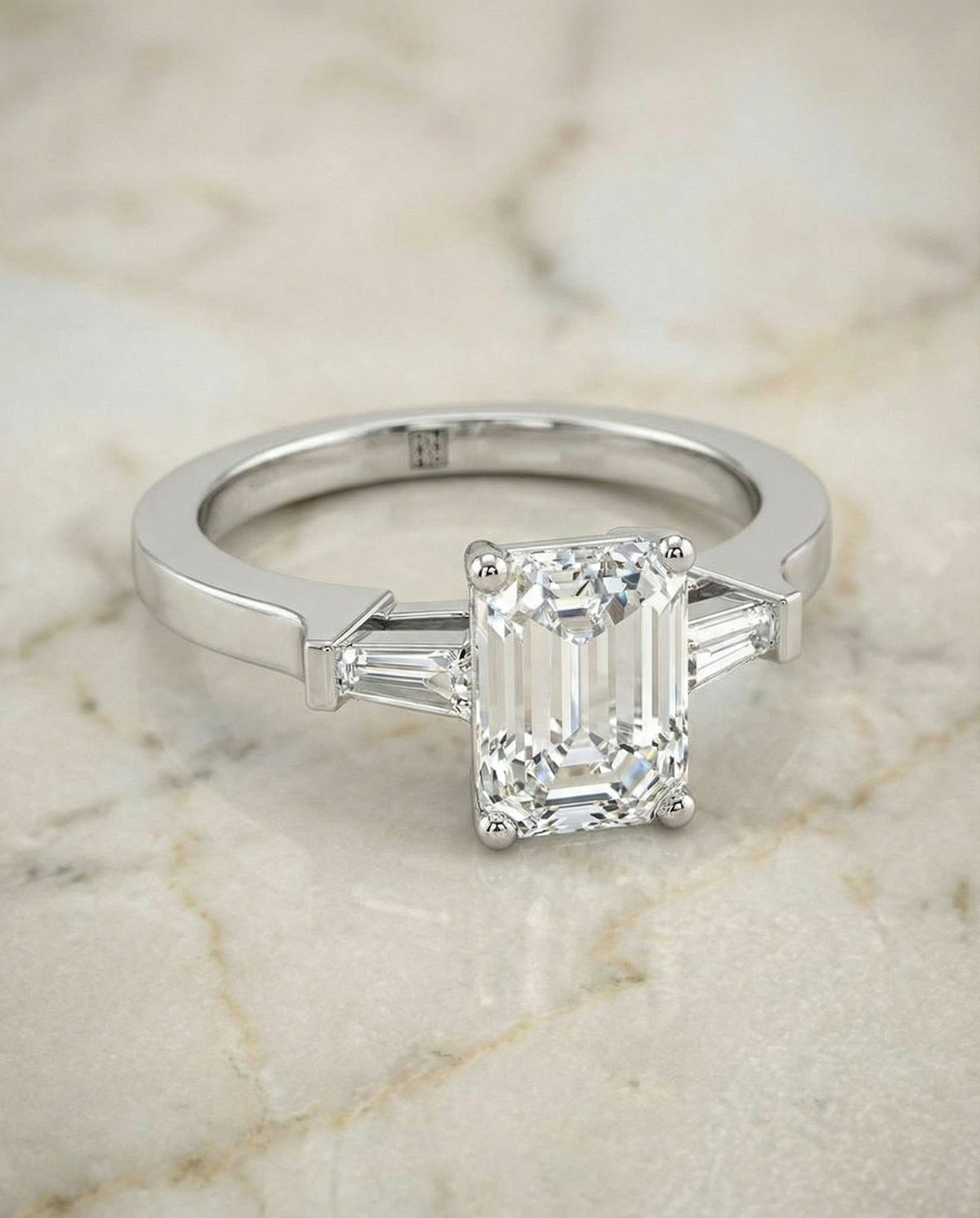 June Select Three Stone Emerald Cut Lab Diamond Engagement Ring in 18K White Gold, alternate angle | RockHer