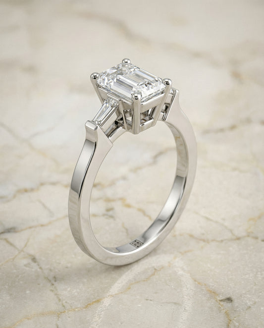 Tapered Baguette Three Stone Emerald Cut Engagement Ring Setting in Platinum