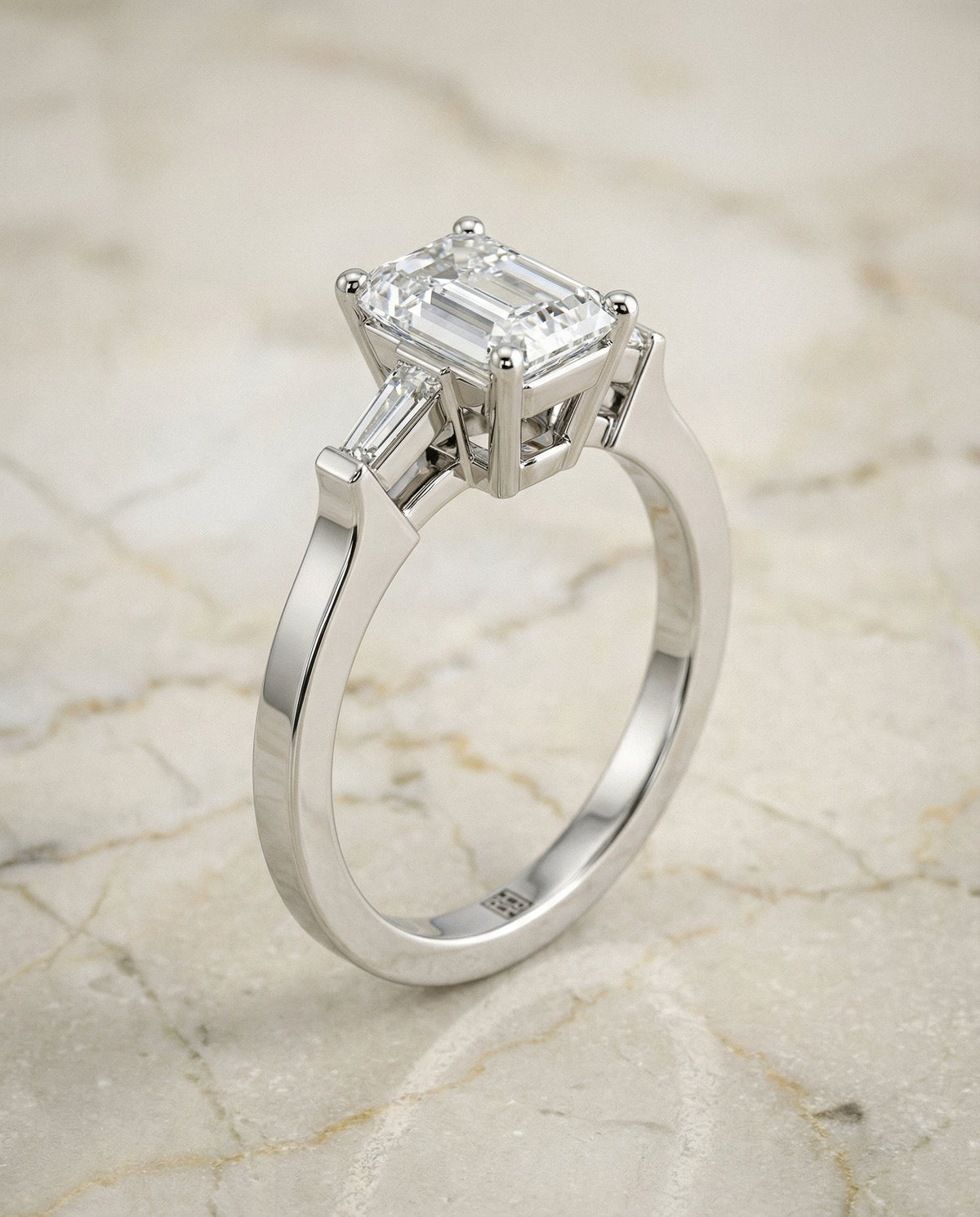 June Select Three Stone Emerald Cut Lab Diamond Engagement Ring in 18K White Gold, front view | RockHer