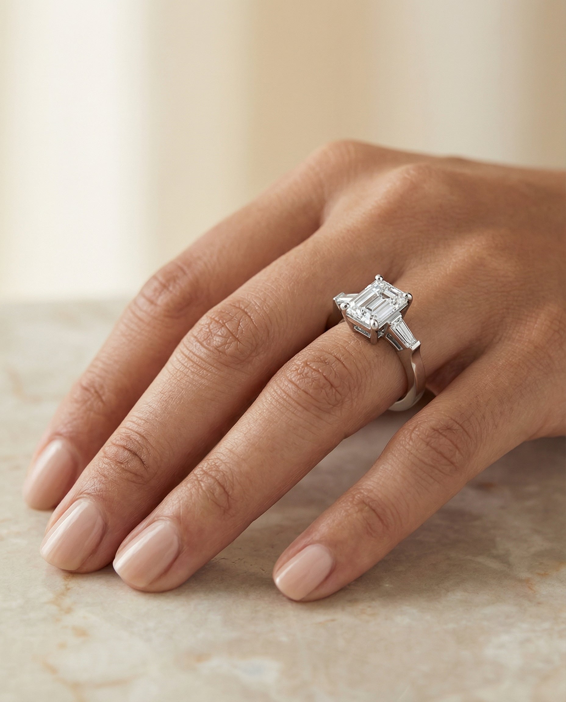 The June engagement ring setting in Platinum, three stone cut design | RockHer
