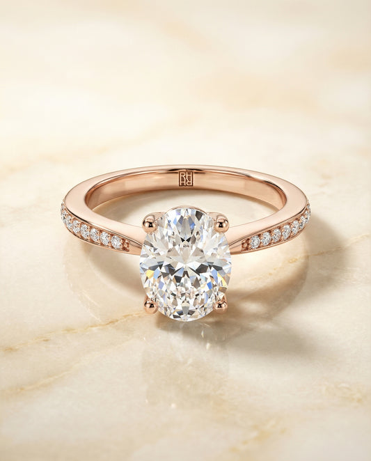 Tapered Pavé Oval, in 14K Rose Gold, pave setting – angled view | RockHer