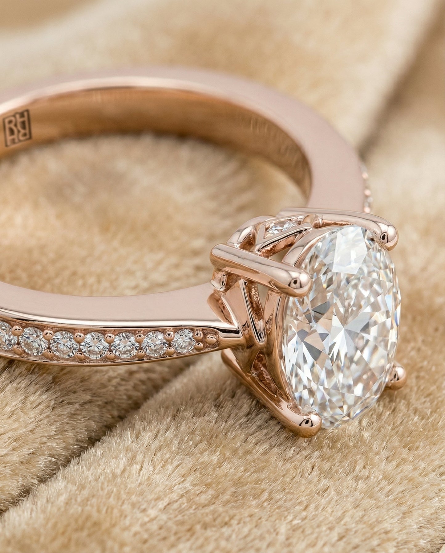 Carrie Select Pavé Oval Lab Diamond Engagement Ring in 14K Rose Gold, detail view | RockHer