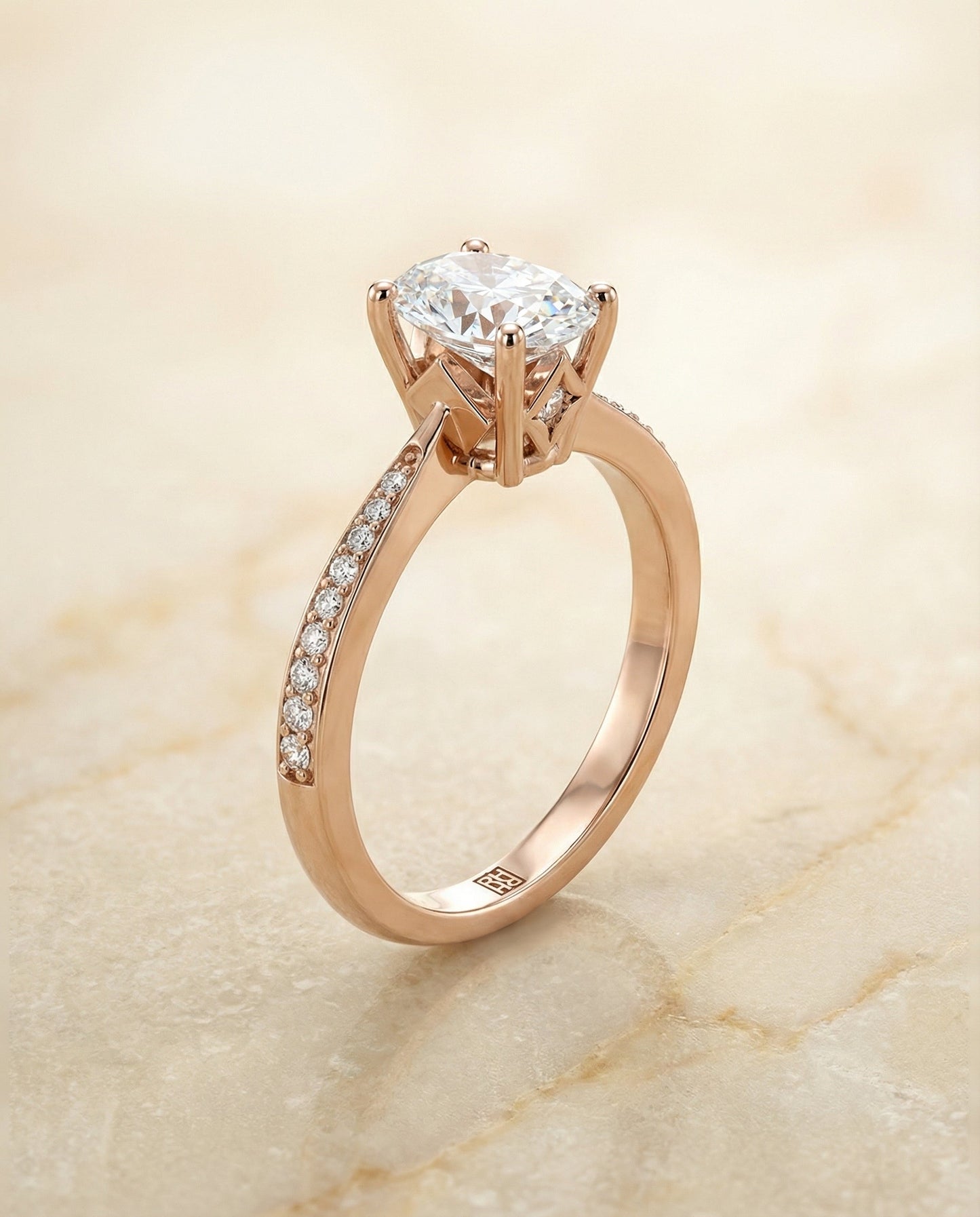 Carrie Select Pavé Oval Lab Diamond Engagement Ring in 14K Rose Gold, front view | RockHer