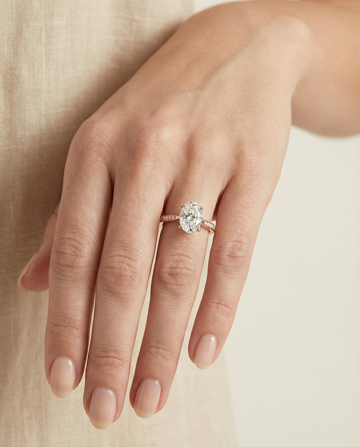 Tapered Pavé Oval, in 14K Rose Gold, pave setting – lifestyle shot | RockHer