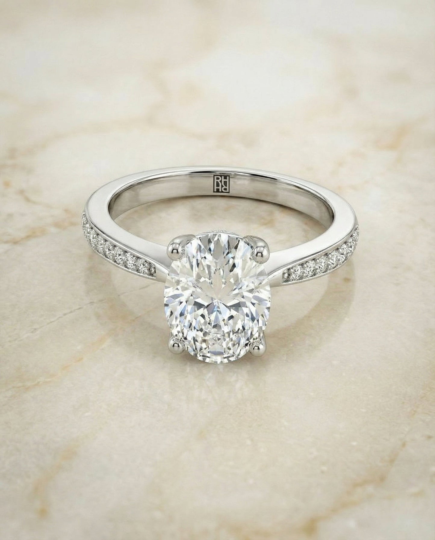 Carrie Select tapered pavé oval oval ring in 14K White Gold — alt angle — RockHer