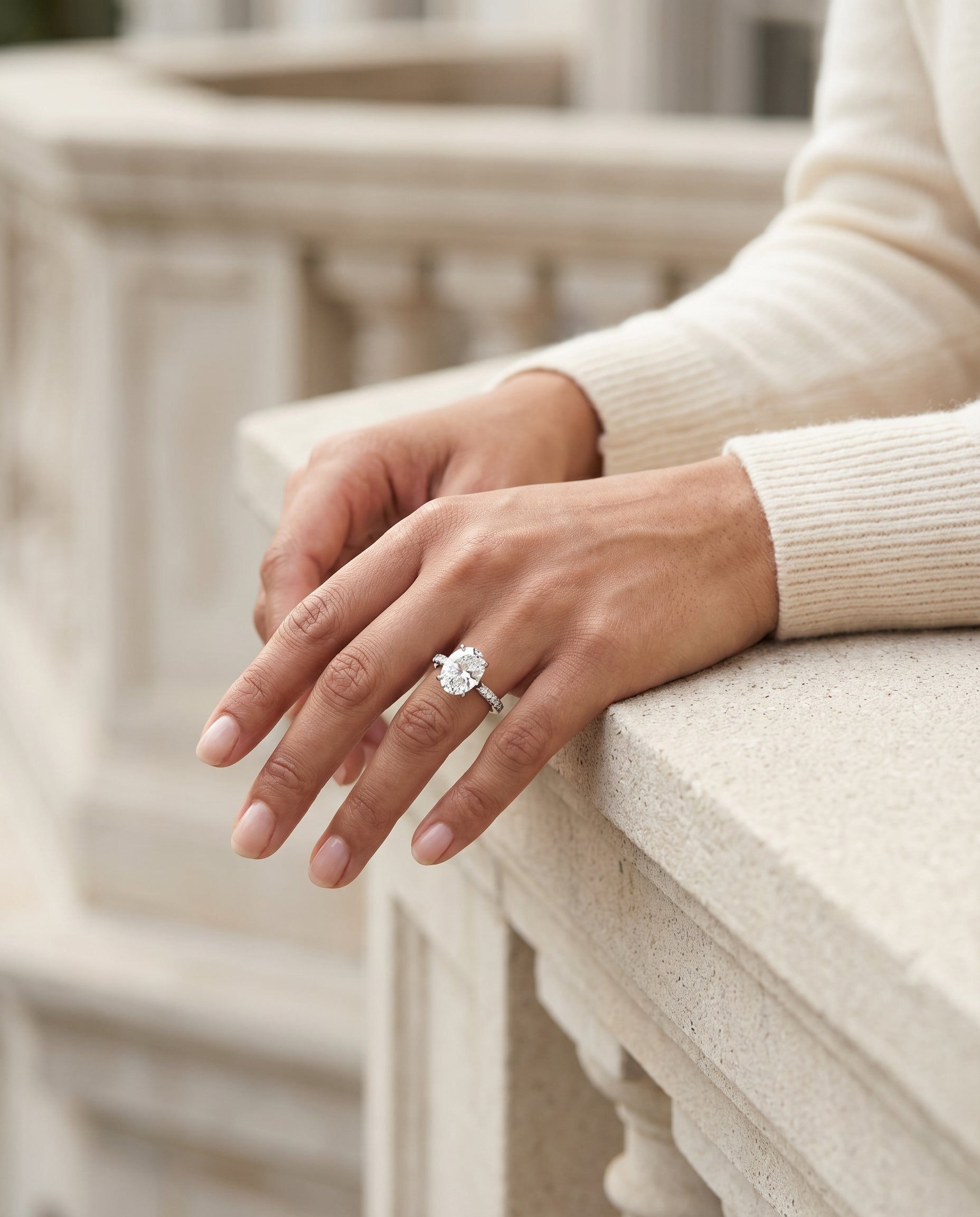 Carrie Select Diamond Oval Lab Diamond Engagement Ring in 18K White Gold, lifestyle | RockHer