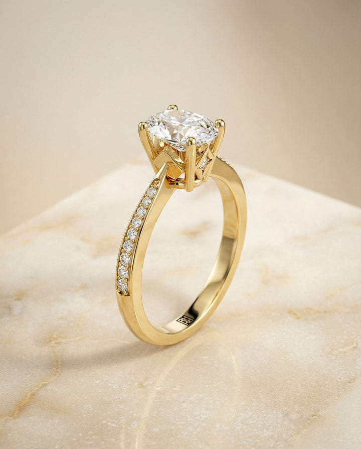 Tapered Pavé Oval, in 18K Yellow Gold, pave setting – front view | RockHer