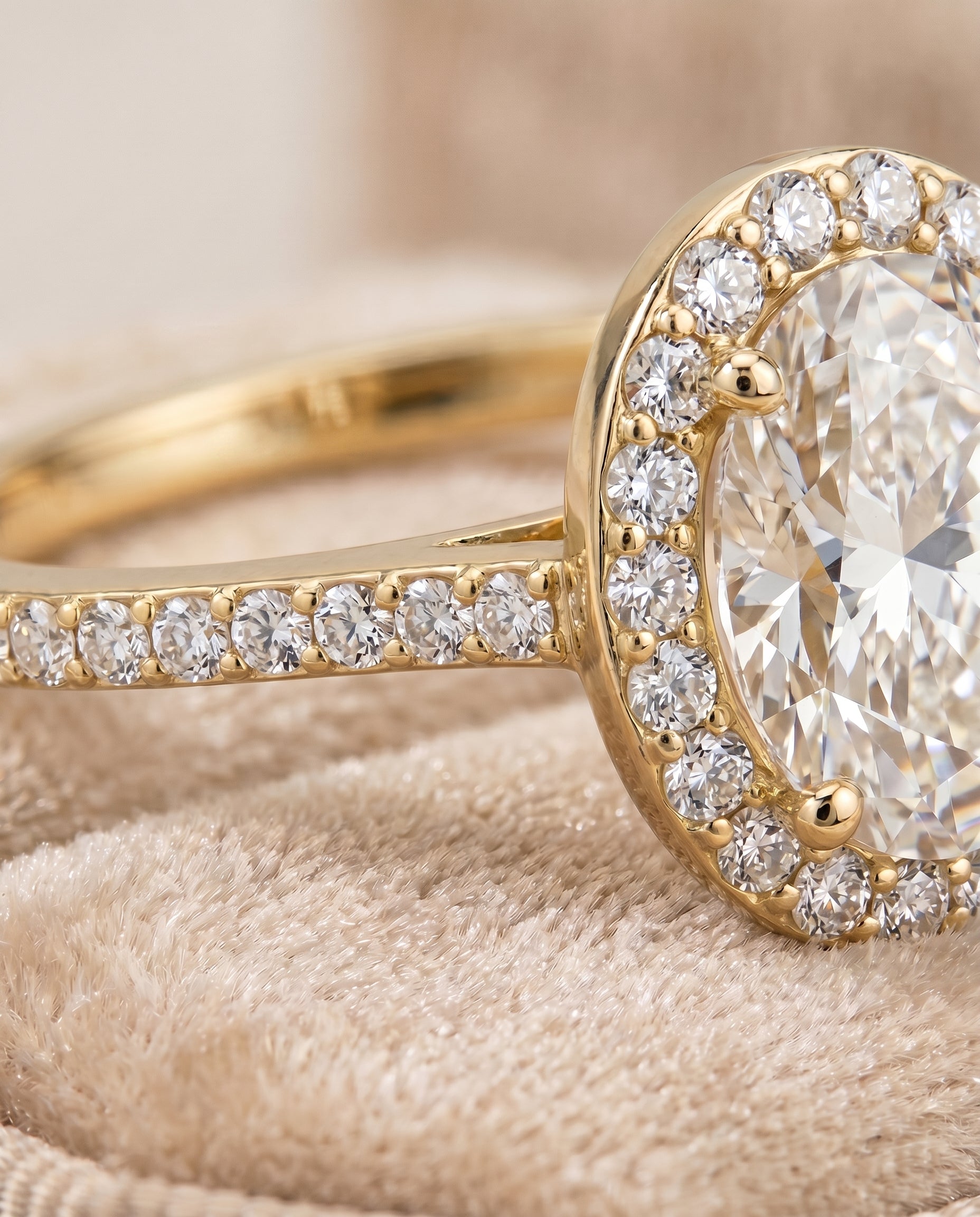 Taylor Select Pavé Halo Oval Lab Diamond Engagement Ring in 18K Yellow Gold, detail view | RockHer