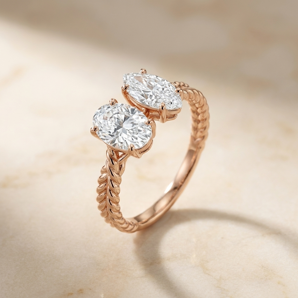 14K Rose Gold Taylor Select Toi et Moi Oval & Marquise Twisted Band Lab Diamond Engagement Ring - Alt angle on warm marble