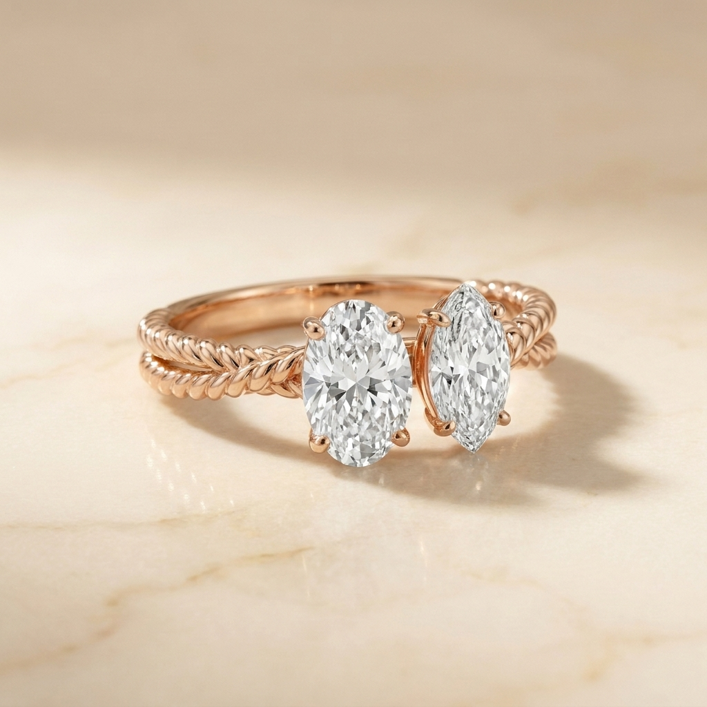 14K Rose Gold Taylor Select Toi et Moi Oval & Marquise Twisted Band Lab Diamond Engagement Ring - Hero on warm marble
