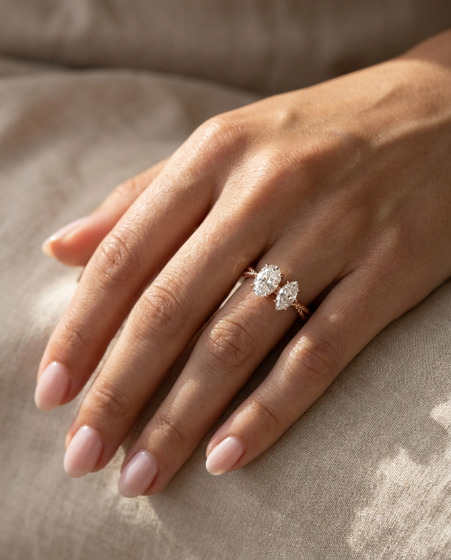 14K Rose Gold Taylor Select Toi et Moi Oval & Marquise Twisted Band Lab Diamond Engagement Ring - Ring on hand model