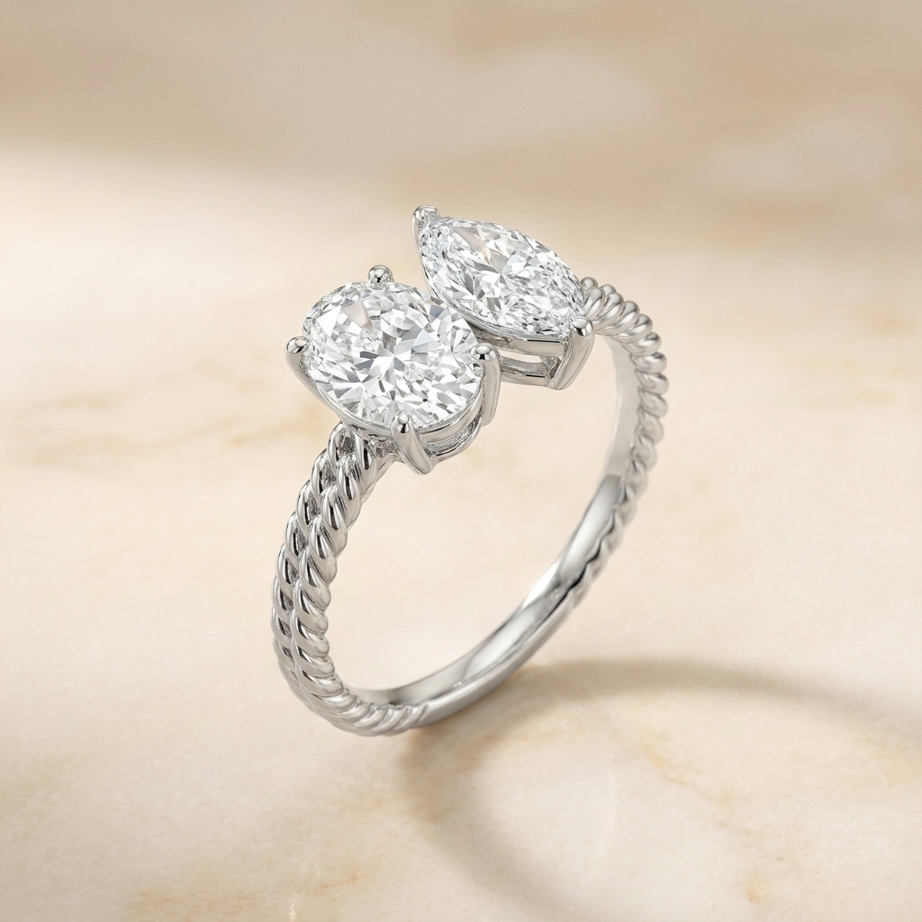 18K White Gold Taylor Select Toi et Moi Oval & Marquise Twisted Band Lab Diamond Engagement Ring - Alt angle on warm marble
