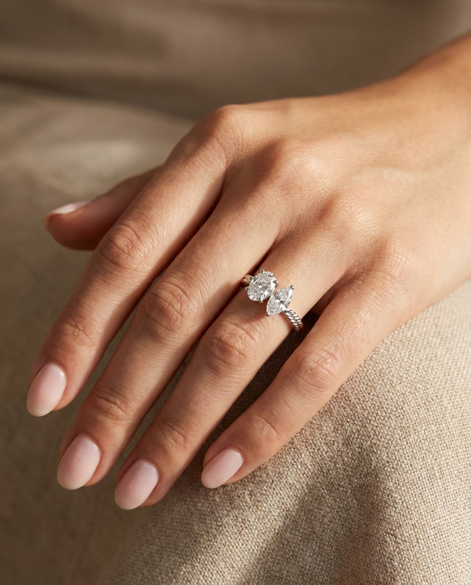 18K White Gold Taylor Select Toi et Moi Oval & Marquise Twisted Band Lab Diamond Engagement Ring - Ring on hand model
