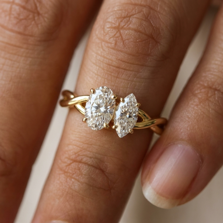 The Taylor — Toi et Moi Oval & Marquise Twisted Band - Macro close-up on finger