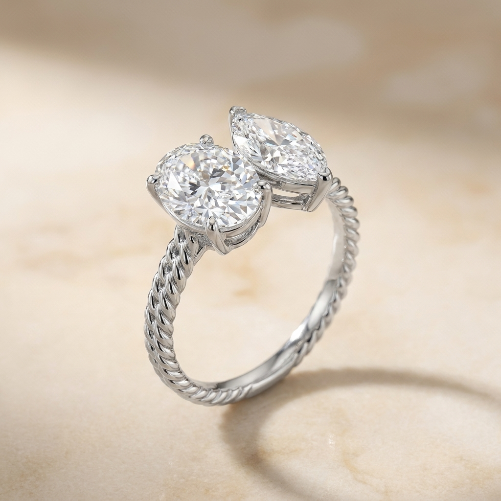 Platinum Taylor Select Toi et Moi Oval & Marquise Twisted Band Lab Diamond Engagement Ring - Alt angle on warm marble