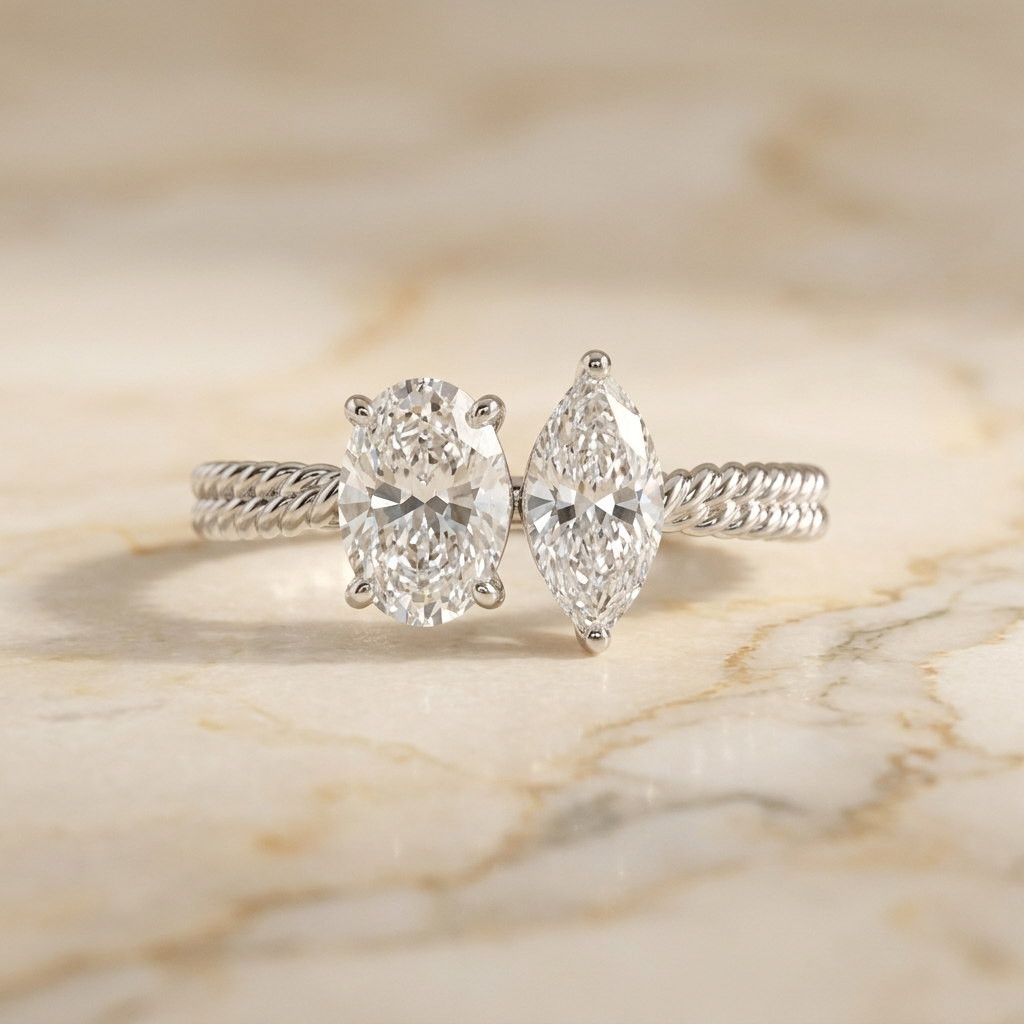 Platinum Taylor Select Toi et Moi Oval & Marquise Twisted Band Lab Diamond Engagement Ring - Hero on warm marble