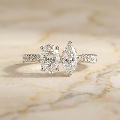Platinum Taylor Select Toi et Moi Oval & Marquise Twisted Band Lab Diamond Engagement Ring - Hero on warm marble