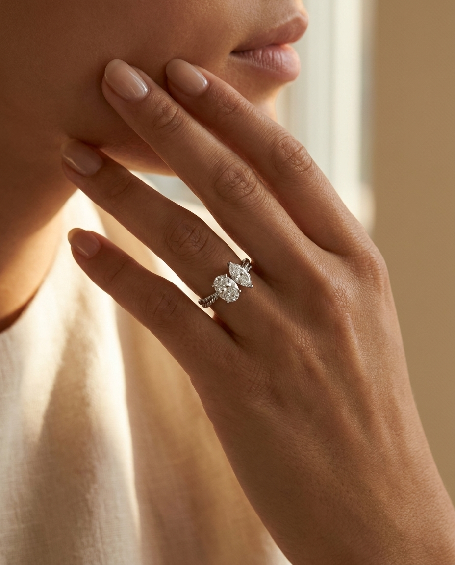 Platinum Taylor Select Toi et Moi Oval & Marquise Twisted Band Lab Diamond Engagement Ring - Lifestyle scene with hand model