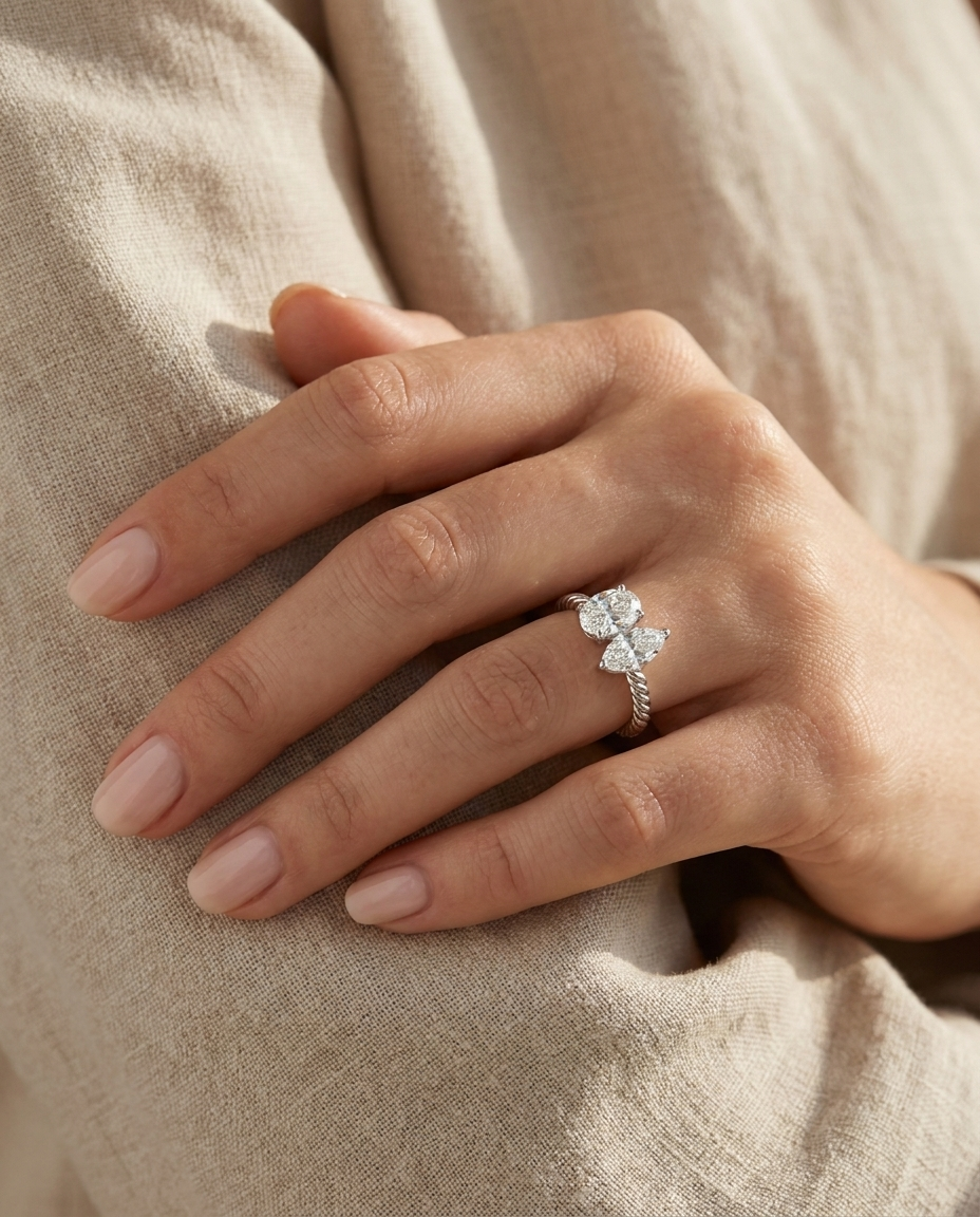 Platinum Taylor Select Toi et Moi Oval & Marquise Twisted Band Lab Diamond Engagement Ring - Ring on hand model
