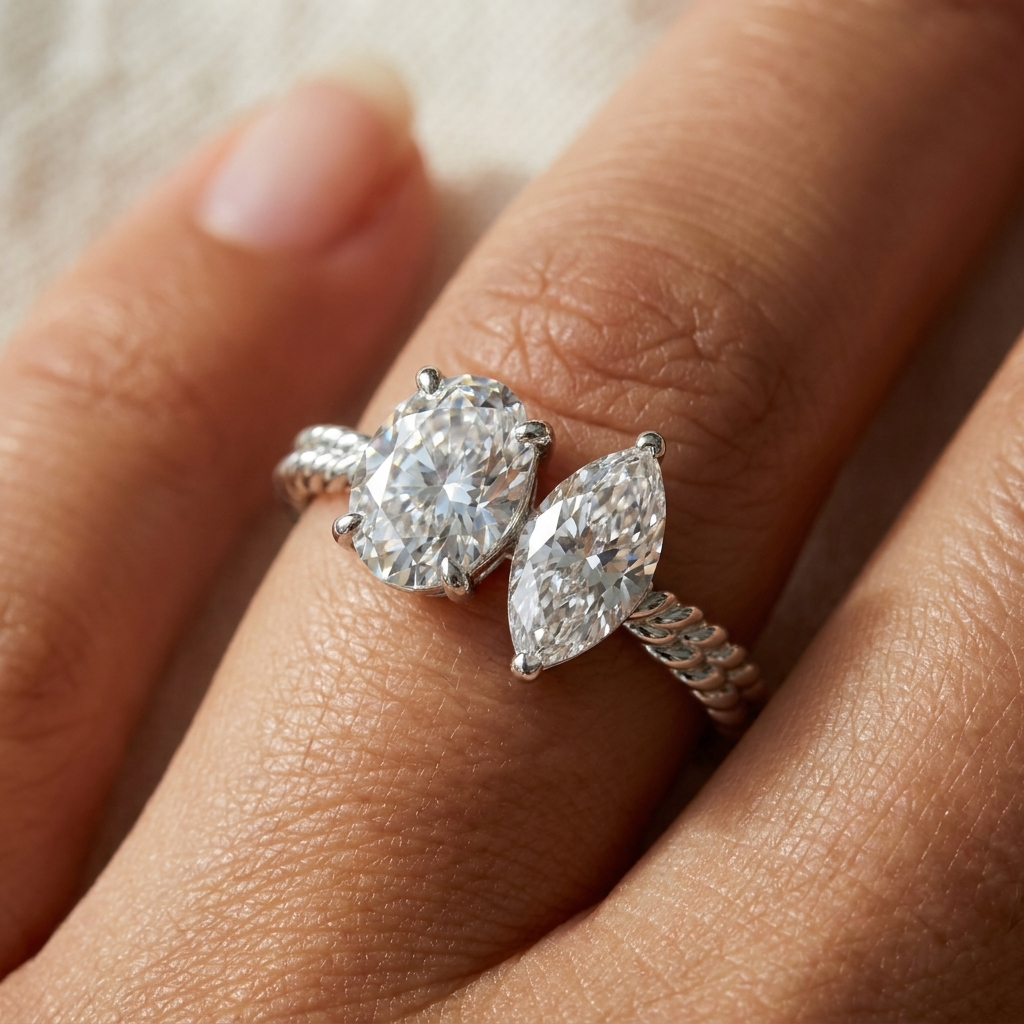 Platinum Taylor Select Toi et Moi Oval & Marquise Twisted Band Lab Diamond Engagement Ring - Macro close-up on finger