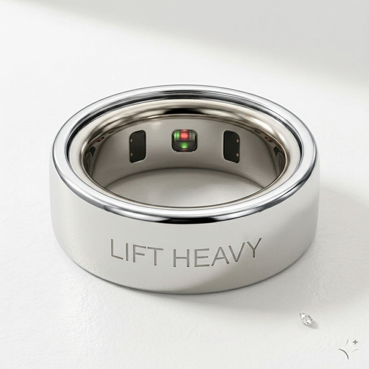 LIFT HEAVY laser engraved 14K White Gold Oura Ring cover