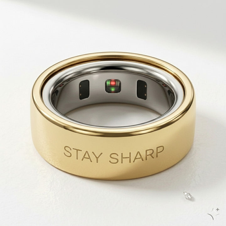 STAY SHARP laser engraved 14K Yellow Gold Oura Ring cover