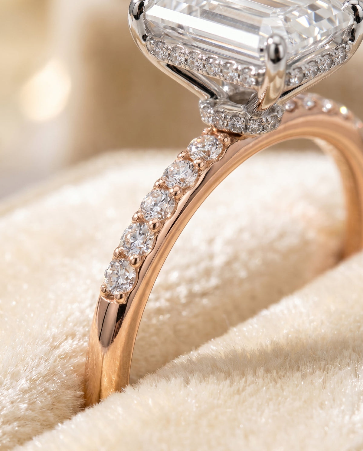 14K Rose Gold band of The Abbey emerald engagement ring setting | RockHer