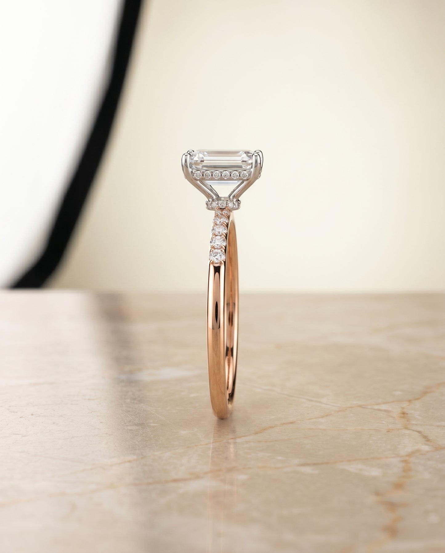 The Abbey Hidden Halo Pavé Emerald Cut Engagement Ring Setting in 14K Yellow Gold