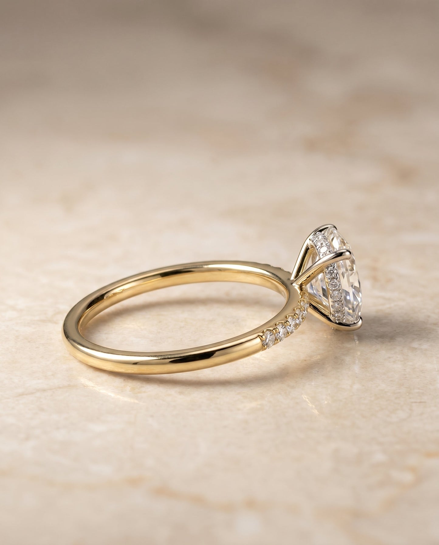 Abbey Select Hidden Halo Pavé Oval Lab Diamond Engagement Ring in 18K Yellow Gold, side view | RockHer