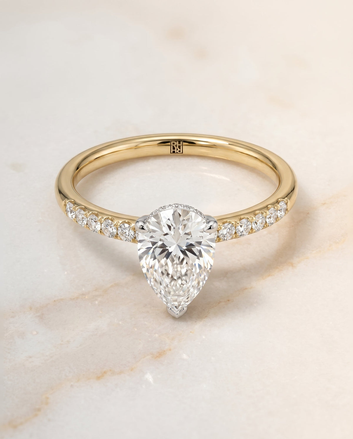 Abbey Select Hidden Halo Pavé Princess Cut Lab Diamond Engagement Ring in 18K Yellow Gold, shown on hand, angled | RockHer