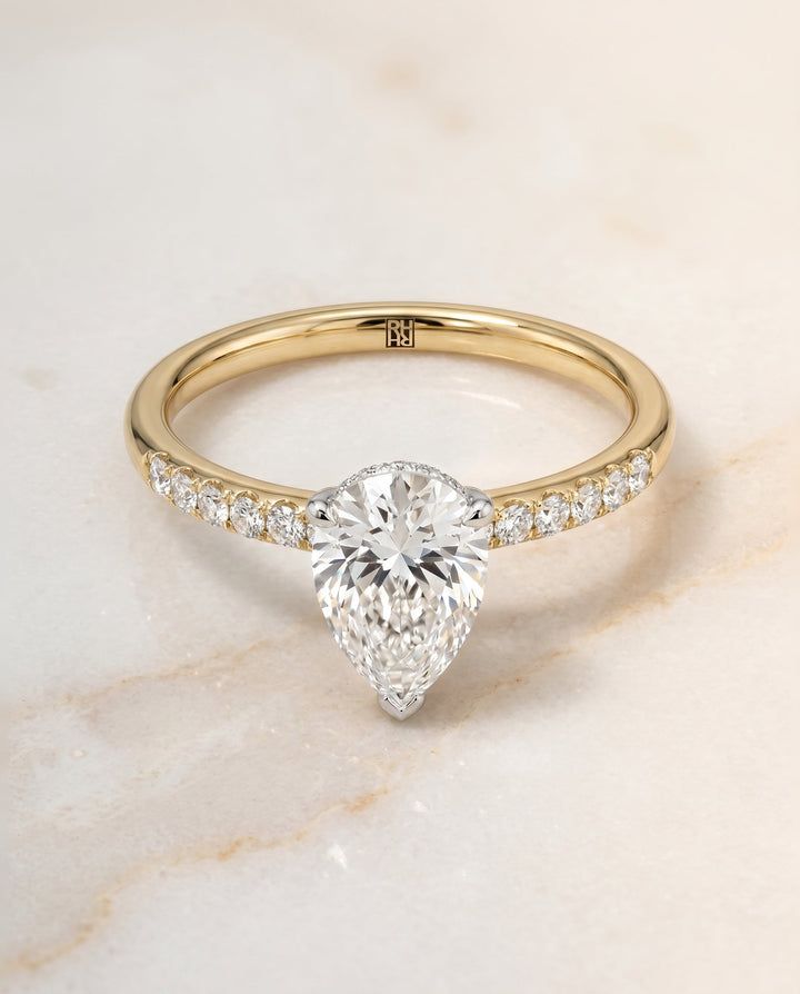 Abbey Select Hidden Halo Pavé Princess Cut Lab Diamond Engagement Ring in 18K Yellow Gold, shown on hand, angled | RockHer