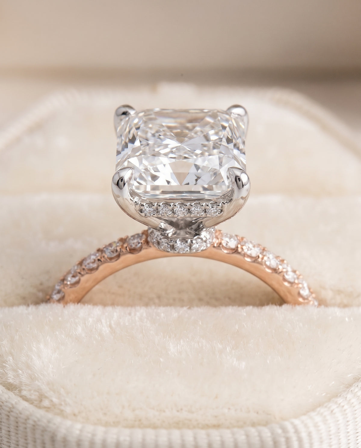 The Abbey Hidden Halo Pavé Radiant Cut Engagement Ring Setting in 14K Rose Gold