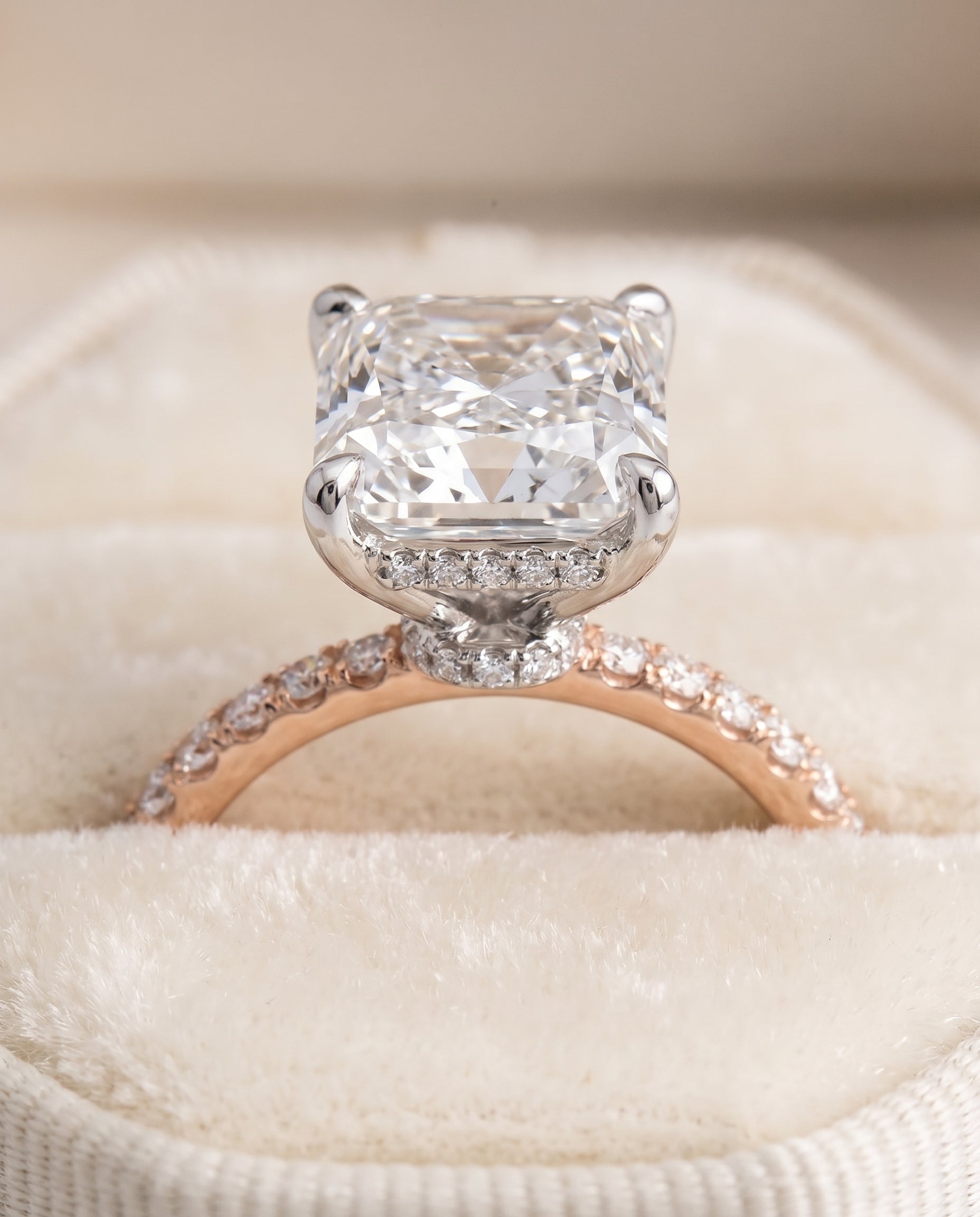 The Abbey Hidden Halo Pavé Radiant Cut Engagement Ring Setting in 14K Rose Gold