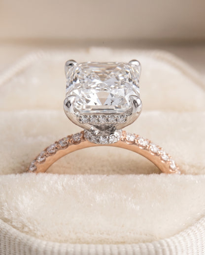 The Abbey Hidden Halo Pavé Radiant Cut Engagement Ring Setting in 14K Rose Gold
