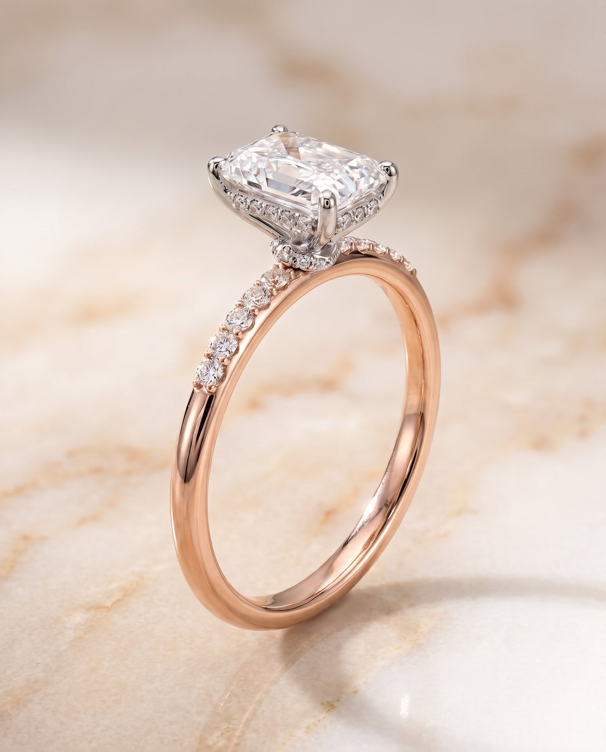 The Abbey Hidden Halo Pavé Radiant Cut Engagement Ring Setting in 14K Rose Gold