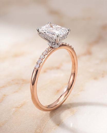 The Abbey Hidden Halo Pavé Radiant Cut Engagement Ring Setting in 14K Rose Gold