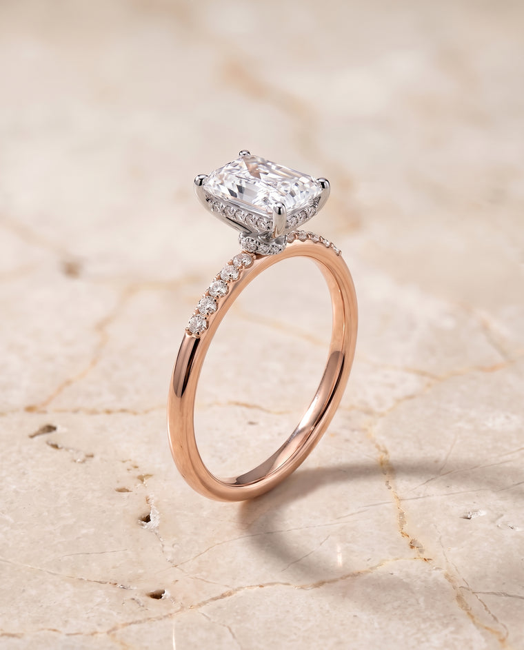 The Abbey Hidden Halo Pavé Radiant Cut Engagement Ring Setting in 14K Rose Gold