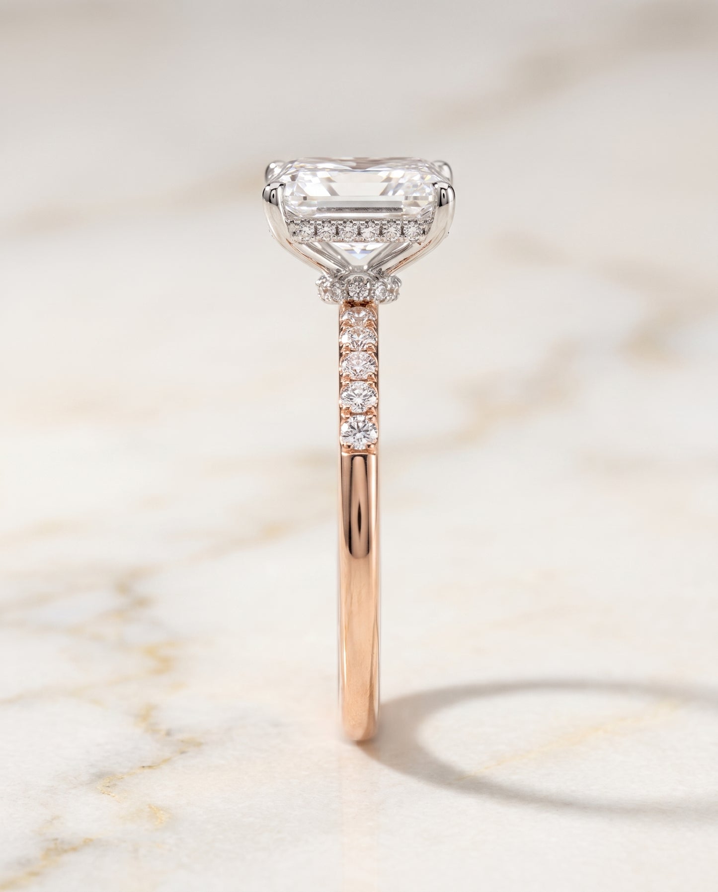 The Abbey Hidden Halo Pavé Radiant Cut Engagement Ring Setting in 14K Rose Gold