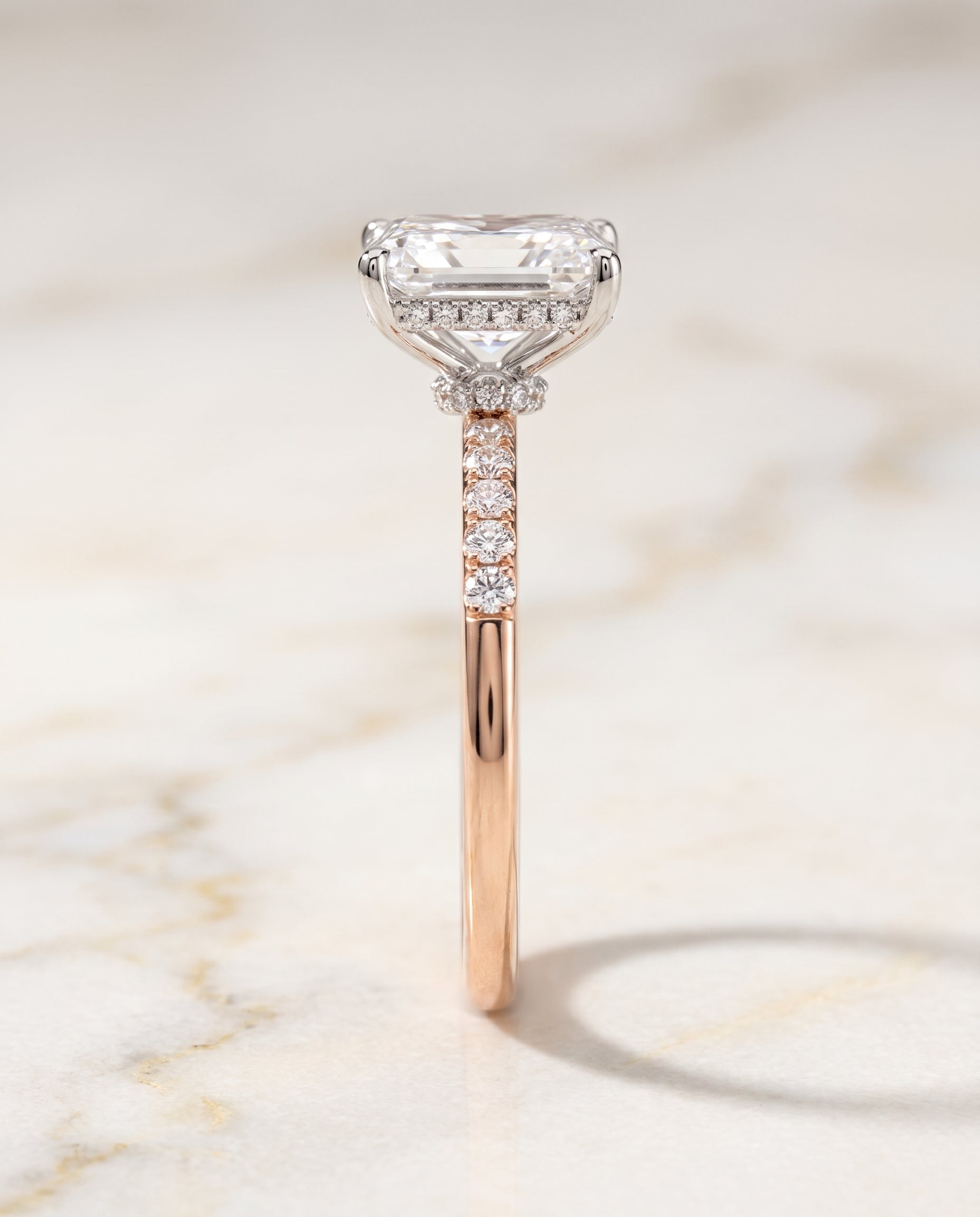 The Abbey Hidden Halo Pavé Radiant Cut Engagement Ring Setting in 14K Rose Gold