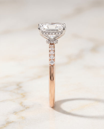 The Abbey Hidden Halo Pavé Radiant Cut Engagement Ring Setting in 14K Rose Gold