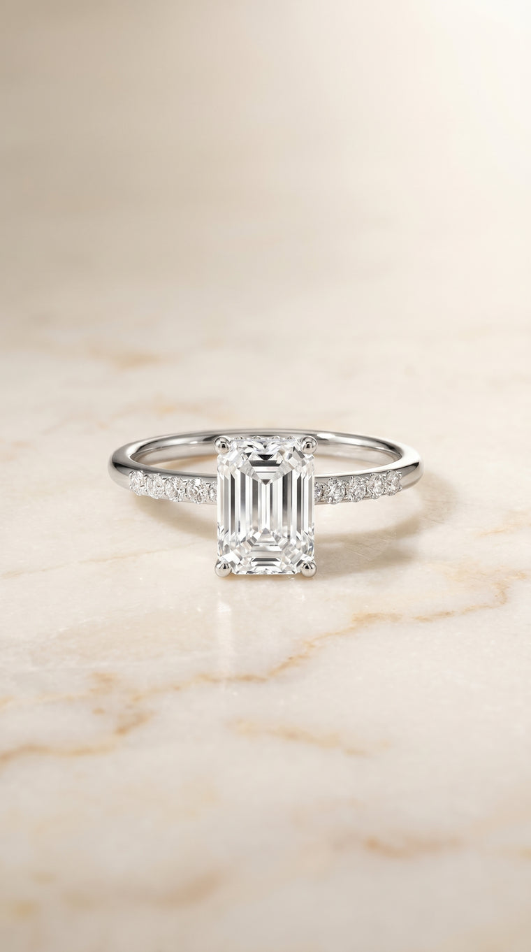 The Abbey Hidden Halo Pavé Emerald Cut Engagement Ring Setting in 18K White Gold