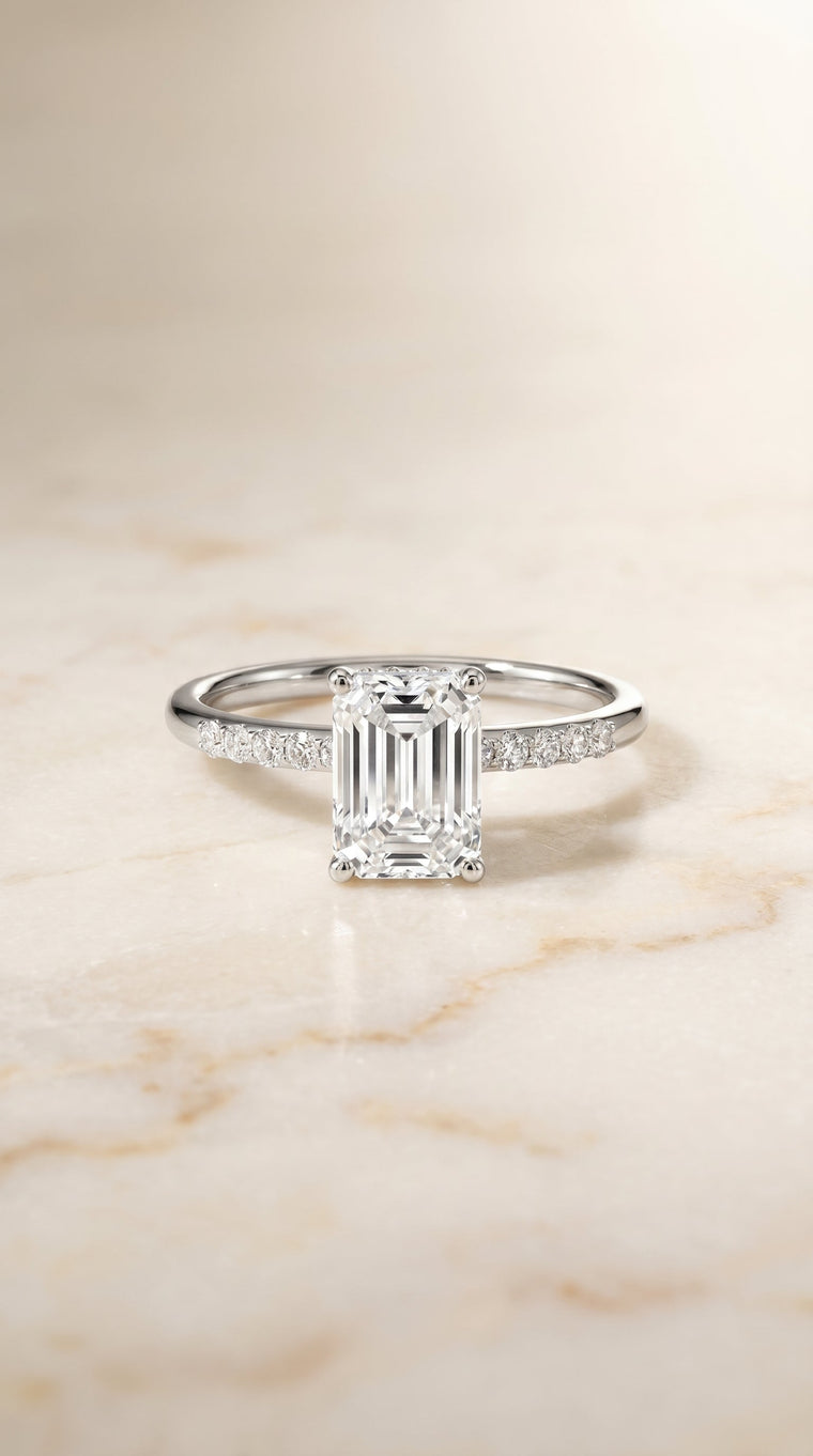 The Abbey Select Hidden Halo Pavé Emerald Cut Lab Diamond Engagement Ring in Platinum