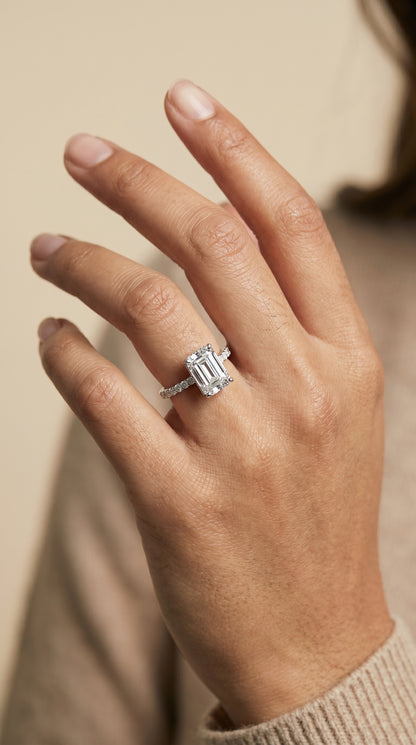 The Abbey Hidden Halo Pavé Emerald Cut Engagement Ring Setting in Platinum