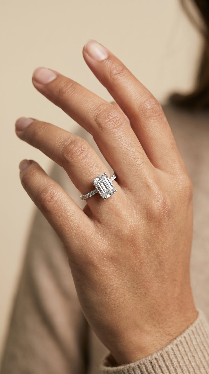 The Abbey Hidden Halo Solitaire Engagement Ring Setting for Emerald Cut Diamonds in Platinum