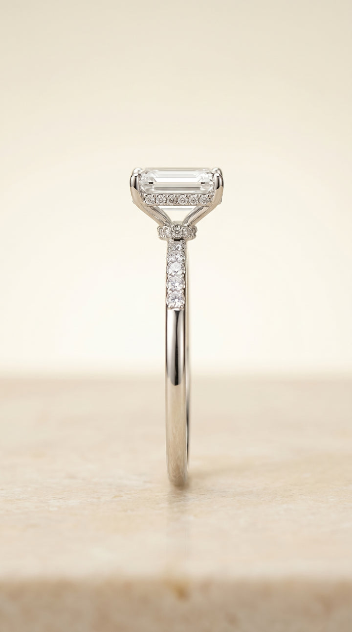 The Abbey Hidden Halo Solitaire Engagement Ring Setting for Emerald Cut Diamonds in Platinum